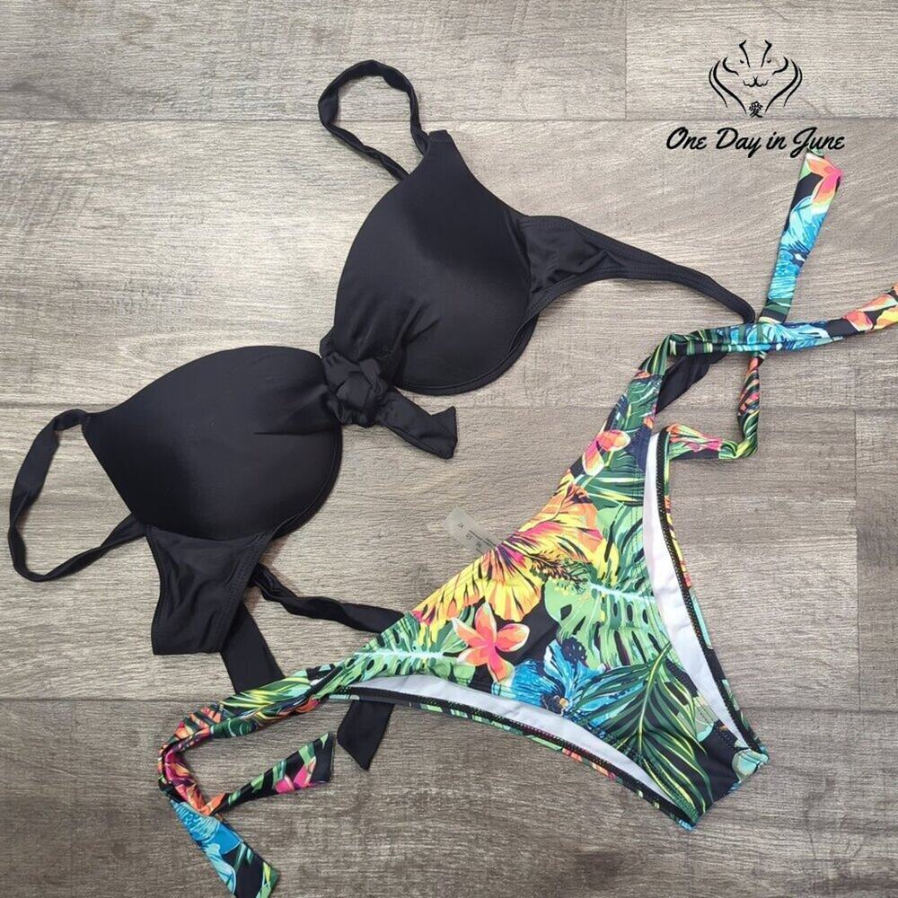 ODIJ Molded Cup Push Up Floral Tie Side Bikini Swimsuit Black Size XL